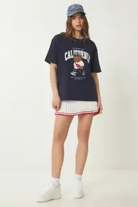 Lovelyİstanbul Teddy Bear Crest Printed Oversize Knitted T-shirt  DARK BLUE - Image 2