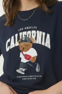 Lovelyİstanbul Teddy Bear Crest Printed Oversize Knitted T-shirt  DARK BLUE - Image 3