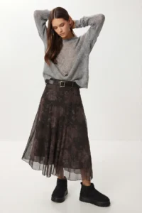 Lovelyİstanbul Belted Patterned Asymmetrical Tulle Skirt  BROWN