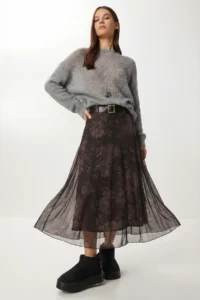 Lovelyİstanbul Belted Patterned Asymmetrical Tulle Skirt  BROWN - Image 2