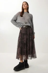 Lovelyİstanbul Belted Patterned Asymmetrical Tulle Skirt  BROWN - Image 3