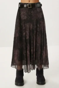 Lovelyİstanbul Belted Patterned Asymmetrical Tulle Skirt  BROWN - Image 5