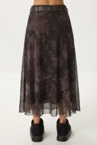 Lovelyİstanbul Belted Patterned Asymmetrical Tulle Skirt  BROWN - Image 6