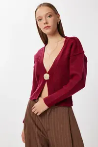 Lovelyİstanbul Chic buttoned Knitwear Cardigan  Burgundy - Image 2