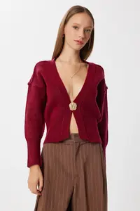 Lovelyİstanbul Chic buttoned Knitwear Cardigan  Burgundy - Image 3