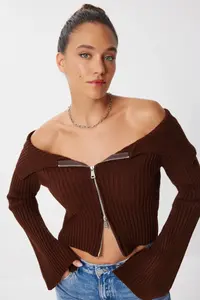 Lovelyİstanbul Zippered Crop Knitwear Cardigan  Brown