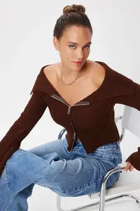 Lovelyİstanbul Zippered Crop Knitwear Cardigan  Brown - Image 2