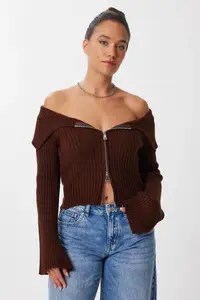 Lovelyİstanbul Zippered Crop Knitwear Cardigan  Brown - Image 3