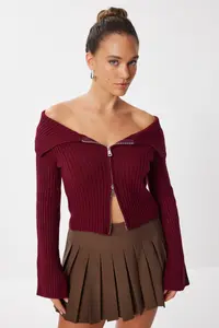 Lovelyİstanbul Zippered Crop Knitwear Cardigan  Burgundy