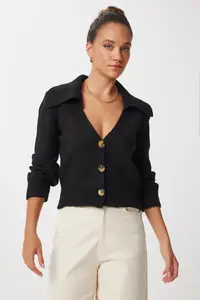 Lovelyİstanbul Polo Shirt Collar buttoned Knitwear Cardigan  Black - Image 2