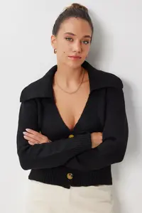 Lovelyİstanbul Polo Shirt Collar buttoned Knitwear Cardigan  Black - Image 4