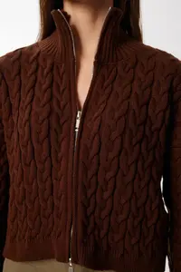 Lovelyİstanbul Braided Zippered Knitwear Cardigan  BROWN - Image 3