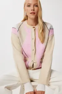 Lovelyİstanbul Diamond Patterned Buttoned Knitwear Cardigan  BEIGE PINK