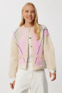 Lovelyİstanbul Diamond Patterned Buttoned Knitwear Cardigan  BEIGE PINK - Image 2