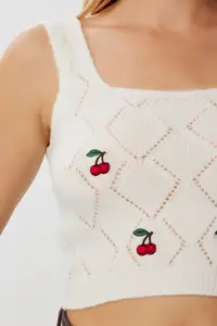 Lovelyİstanbul Cherry Embroidered Blouse Cardigan Knitwear Set  Ecru - Image 5