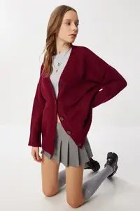 Lovelyİstanbul Oversized Plain Knitting Knitwear Cardigan  Burgundy