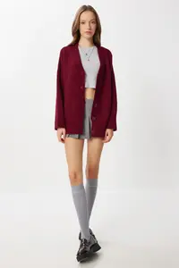 Lovelyİstanbul Oversized Plain Knitting Knitwear Cardigan  Burgundy - Image 3
