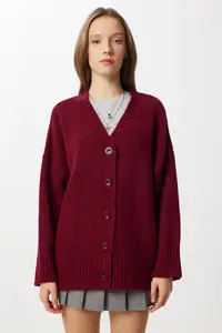 Lovelyİstanbul Oversized Plain Knitting Knitwear Cardigan  Burgundy - Image 4
