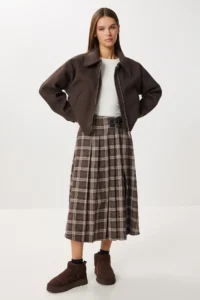 Lovelyİstanbul Belted Checkered Flared Woven Skirt  BROWN MINK