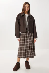 Lovelyİstanbul Belted Checkered Flared Woven Skirt  BROWN MINK - Image 2
