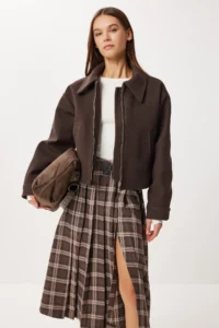 Lovelyİstanbul Belted Checkered Flared Woven Skirt  BROWN MINK - Image 4