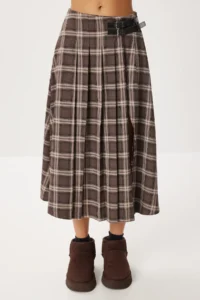 Lovelyİstanbul Belted Checkered Flared Woven Skirt  BROWN MINK - Image 5