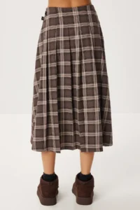 Lovelyİstanbul Belted Checkered Flared Woven Skirt  BROWN MINK - Image 7