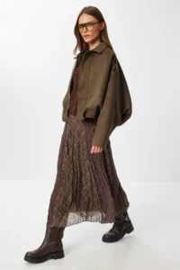 Lovelyİstanbul Patterned Wrinkle Effect Midi Chiffon Skirt  BROWN KHAKI - Image 2