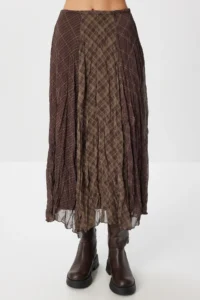 Lovelyİstanbul Patterned Wrinkle Effect Midi Chiffon Skirt  BROWN KHAKI - Image 3