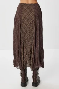 Lovelyİstanbul Patterned Wrinkle Effect Midi Chiffon Skirt  BROWN KHAKI - Image 5