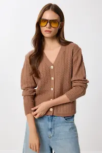 Lovelyİstanbul Hair Braided buttoned Knitwear Cardigan  Brown - Image 2