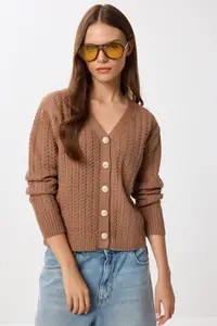 Lovelyİstanbul Hair Braided buttoned Knitwear Cardigan  Brown - Image 3