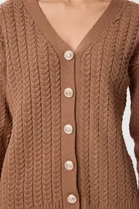 Lovelyİstanbul Hair Braided buttoned Knitwear Cardigan  Brown - Image 4