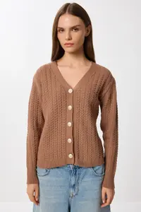 Lovelyİstanbul Hair Braided buttoned Knitwear Cardigan  Brown - Image 5