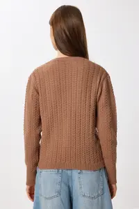Lovelyİstanbul Hair Braided buttoned Knitwear Cardigan  Brown - Image 6