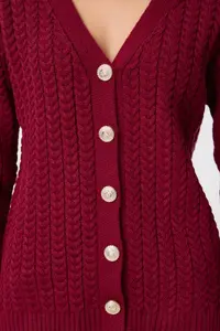 Lovelyİstanbul Hair Braided buttoned Knitwear Cardigan  Burgundy - Image 4