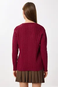 Lovelyİstanbul Hair Braided buttoned Knitwear Cardigan  Burgundy - Image 5