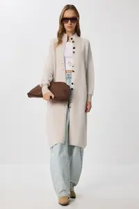 Lovelyİstanbul Bearded LONG Knitwear Cardigan  Beige