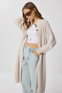 Lovelyİstanbul Bearded LONG Knitwear Cardigan  Beige - Image 2