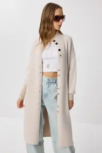 Lovelyİstanbul Bearded LONG Knitwear Cardigan  Beige - Image 3