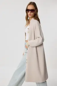 Lovelyİstanbul Bearded LONG Knitwear Cardigan  Beige - Image 4
