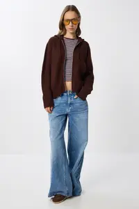 Lovelyİstanbul Hooded Zippered Knitwear Cardigan  Brown - Image 3