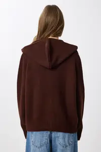 Lovelyİstanbul Hooded Zippered Knitwear Cardigan  Brown - Image 5