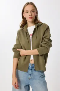 Lovelyİstanbul Hooded Zippered Knitwear Cardigan  OLIVE GREEN - Image 2