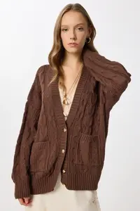 Lovelyİstanbul Hair Braided buttoned Knitwear Cardigan  Brown - Image 3