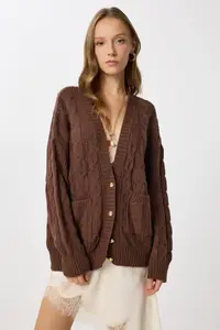 Lovelyİstanbul Hair Braided buttoned Knitwear Cardigan  Brown - Image 4
