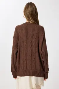 Lovelyİstanbul Hair Braided buttoned Knitwear Cardigan  Brown - Image 6
