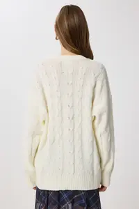 Lovelyİstanbul Hair Braided buttoned Knitwear Cardigan  Ecru - Image 5