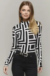 Cool & Sexy Women's Black-White Half Fisherman Patterned Blouse - Image 2