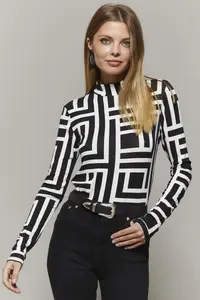 Cool & Sexy Women's Black-White Half Fisherman Patterned Blouse - Image 3